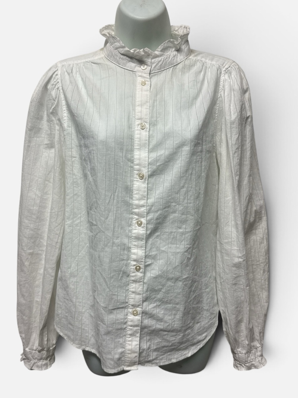 H&M Women’s White Ruffled Stand-Collar Button-Down Shirt – Size Small Airy Long